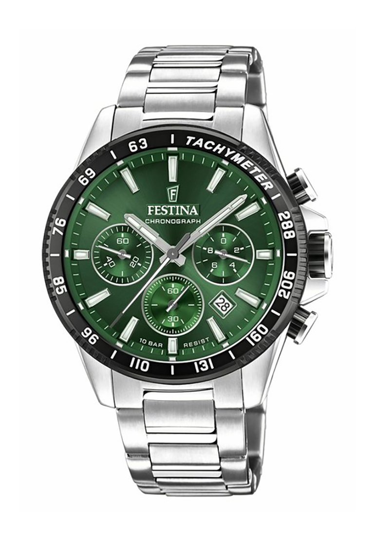 Montre en acier inoxydable avec un cadran vert, des sous-cadrans chronographe, une lunette tachymétrique noire et des index heures et minutes argentés.