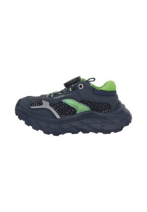 Scarpa da ginnastica nera e verde con suola spessa, tomaia in mesh e materiale sintetico e chiusura a quadrante con etichetta "Flexi Move" sul lato.