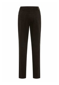 Pantaloni neri in cotone misto con gambe dritte, due tasche posteriori e una texture liscia. Caratterizzati da una cintura con passanti per cintura e cuciture sottili.