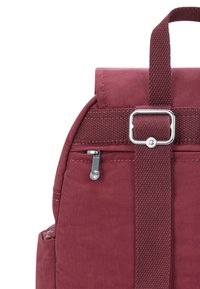 Närbild av en vinröd ryggsäck med ett texturerat bälte som hålls på plats av en silverfärgad spänne och en liten ficka med dragkedja synlig nära toppen.