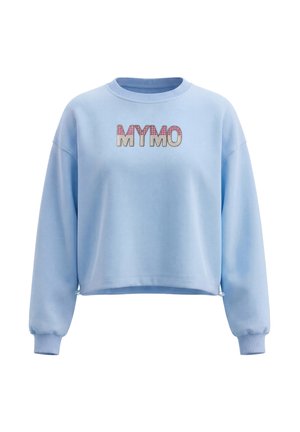 Lichtblauwe lange mouwen sweatshirt met geribbelde manchetten en "MYMO" tekst in roze-wit ruitpatroon aan de voorkant.
