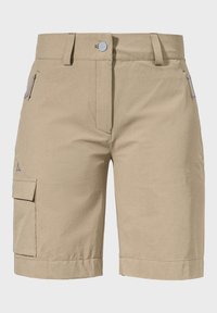 Beige Cargo-Shorts aus leichtem Material, mit zwei seitlichen Reißverschlusstaschen, einem vorderen Knopfverschluss und umgeschlagenen Säumen.