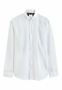 Weißes Langarmhemd mit Kragen, Knopfverschluss und strukturiertem Stoff. Schwarzes gemustertes Inneres am Kragen.