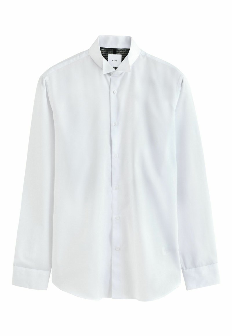 Weißes Langarmhemd mit Kragen, Knopfverschluss und strukturiertem Stoff. Schwarzes gemustertes Inneres am Kragen.