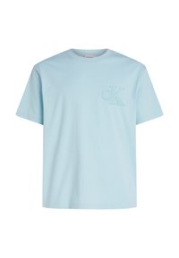 Jasnoniebieska bawełniana koszulka z okrągłym dekoltem, krótkimi rękawami i haftowanym logo "cK" na lewej piersi. Gładka faktura i swobodny styl.
