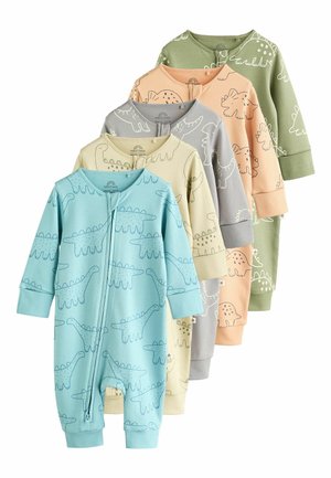 Fem babydragter i blå, beige, grå, fersken og grøn, hver med lange ærmer og dinosaurmønstre, arrangeret i en lagdelt række.