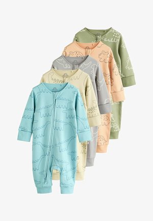 Fünf Baby-Strampler in Blau, Beige, Grau, Pfirsich und Grün, jeweils mit langen Ärmeln und Dinosauriermustern, in einer geschichteten Reihe angeordnet.