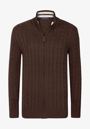 Cardigan marrone lavorato a maglia con zip, con motivo a trecce, polsini e orlo a coste, caratterizzato da un colletto a righe bianche e marroni.