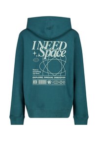 Teal huppari, jossa on huppu, ja takana valkoinen graafinen teksti "I NEED Space" sekä geometrisia muotoja. Pehmeä kangas, ribbikuvioidut hihansuut ja helmamateriaali.