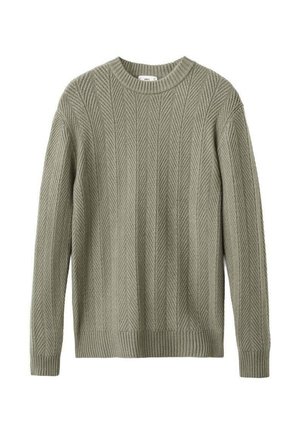 Zelený pletený sveter s textúrovaným vzorom rybej kosti, okrúhlym výstrihom a rebrovanými manžetami a spodným okrajom. Bez viditeľného kovania alebo akcentov.