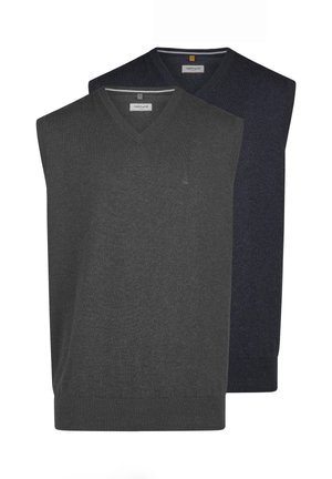 Dwa bezrękawnikowe swetry z dzianiny z dekoltem w serek, jeden ciemnoszary z przodu, a drugi ciemnogranatowy z tyłu, oba z prążkowanymi brzegami i małymi logo marki.