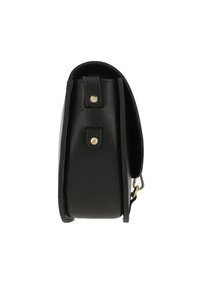 Borsa a mano in pelle nera con superficie testurizzata, forma rettangolare rigida e accessori in tono oro. Dotata di una tracolla rimovibile e chiusura a bottone a pressione.