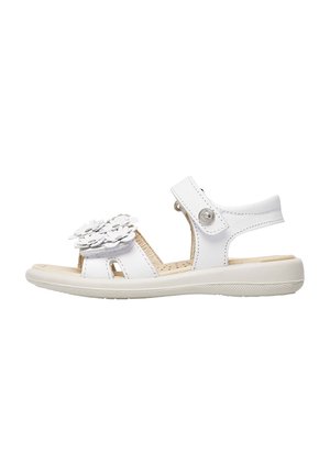 Biała skórzana sandał z kwiatowym zdobieniem, otwartym przodem, regulowanym paskiem i teksturowaną gumową podeszwą. Lekki i przewiewny.