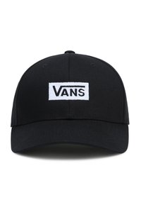 Gorra de béisbol negra hecha de tela con visera curvada. Presenta un logo de Vans bordado en blanco sobre un parche rectangular.