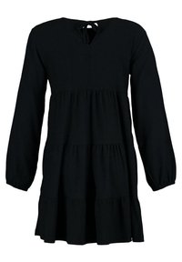 Abito lungo nero a maniche lunghe in tessuto texturizzato, con scollatura a V e dettaglio con fiocco, design a strati e vestibilità morbida.