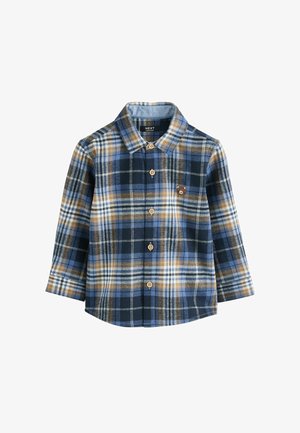 Langärmliges Hemd mit Knöpfen, blau-beige-navy kariert und kleiner brauner Bärenkopf-Stickerei auf der linken Brust.