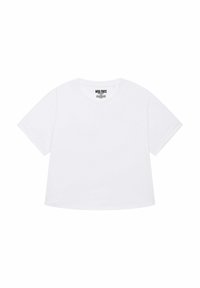 T-shirt bianco svasato con maniche corte, dotato di scollo rotondo e dell'etichetta "MIRA PARIS" all'interno del colletto.