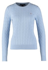 Pull tricoté bleu clair avec manches longues, col rond, poignets et ourlet côtelés, et petit logo sur le côté gauche de la poitrine.
