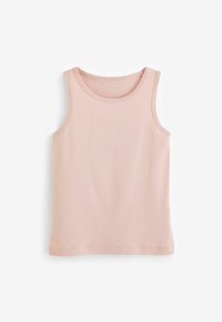 Lichtroze tanktop van zacht, rekbaar materiaal. Heeft een ronde hals en stikselafwerking bij de armgaten en zoom. Klassieke pasvorm.