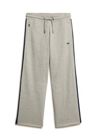 Grå joggebukser med snor i taljen, sidelommer og marineblå sideløsninger. Blød tekstur, vid benlinje og broderet logo detaljer.