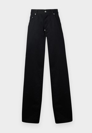Pantalons larges noirs en coton, avec une fermeture éclaire, deux poches avant et un design classique à cinq poches avec des accents en métal.