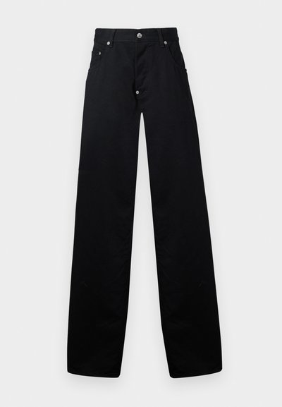 Schwarze weit geschnittene Baumwollhosen mit Reißverschluss, zwei Fronttaschen und einem klassischen Fünf-Taschen-Design mit metallenen Hardware-Accenten.