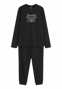 Black long-sleeve top and matching pants set with white futuristic text and globe graphic on the chest.