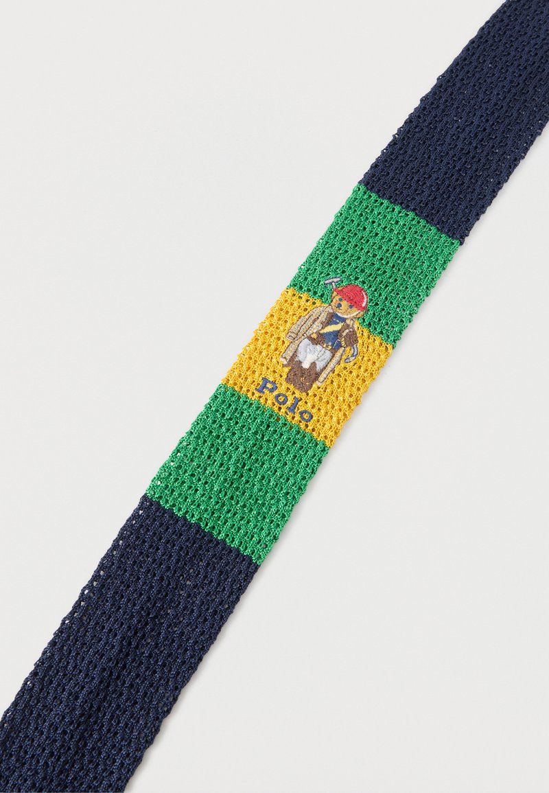Navy, green, and yellow knit tie with an embroidered polo player holding a mallet above "Polo" text in the yellow section.