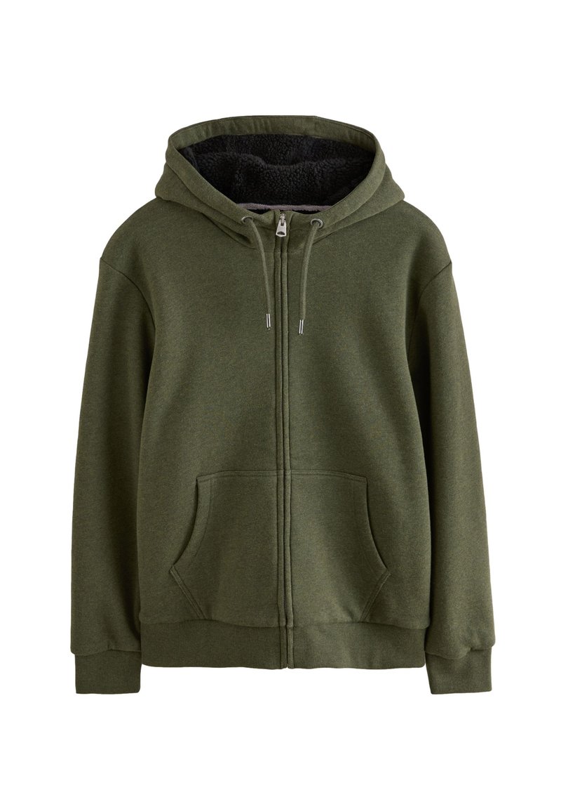Felpa con zip di colore verde oliva realizzata in tessuto morbido, con cappuccio foderato, due tasche anteriori e polsini e orlo a coste.