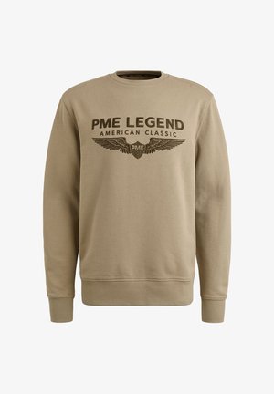 Beżowa bawełniana bluza z okrągłym dekoltem. Z przodu znajduje się napis "PME LEGEND" oraz "AMERICAN CLASSIC" z ciemnobrązowymi grafikami skrzydeł.