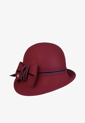 Burgundy felt cloche hat with a rounded crown, small brim, decorative side bow, and thin navy blue ribbon detail.