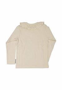 Långärmad topp i mjuk ribbad tyg i krämfärg med en volangkrage och en enkel, strömlinjeformad design.