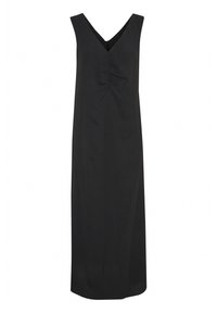 Black, sleeveless, long dress with a V-neckline and gathered detailing at the bust. Made from soft material, featuring a straight silhouette.