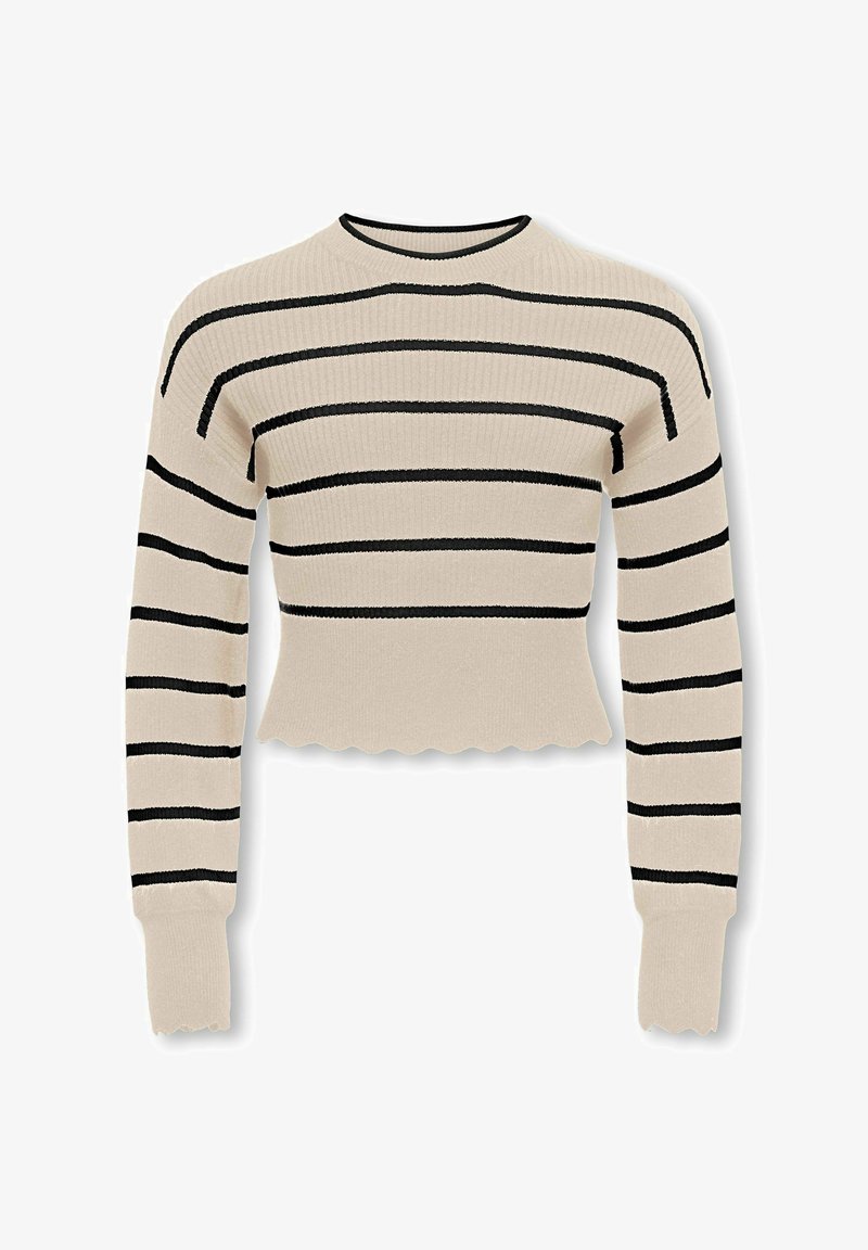 Bežinė dryžuota megzta palaidinė su juodomis horizontaliomis dryžiais, raibuliuota tekstūra, banginiu kraštu ir ilgomis rankovėmis.