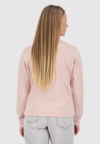Felpa rosa realizzata in tessuto morbido, con scollatura rotonda, maniche lunghe e vestibilità rilassata. La vista posteriore mostra una texture liscia e cuciture.