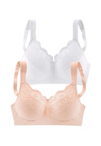 Two bras: one white with lace trim, one nude with lace accents. Both feature adjustable straps and a smooth fabric base.
