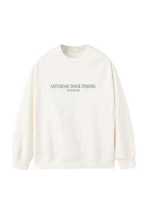 Sweatshirt blanc à col rond avec poignets et ourlet côtelés, texte imprimé "SAMEDI PÊCHE AU PORT HOSSEGOR" centré sur le devant.