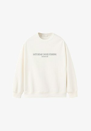 Sweatshirt blanc à col rond avec poignets et ourlet côtelés, texte imprimé "SAMEDI PÊCHE AU PORT HOSSEGOR" centré sur le devant.