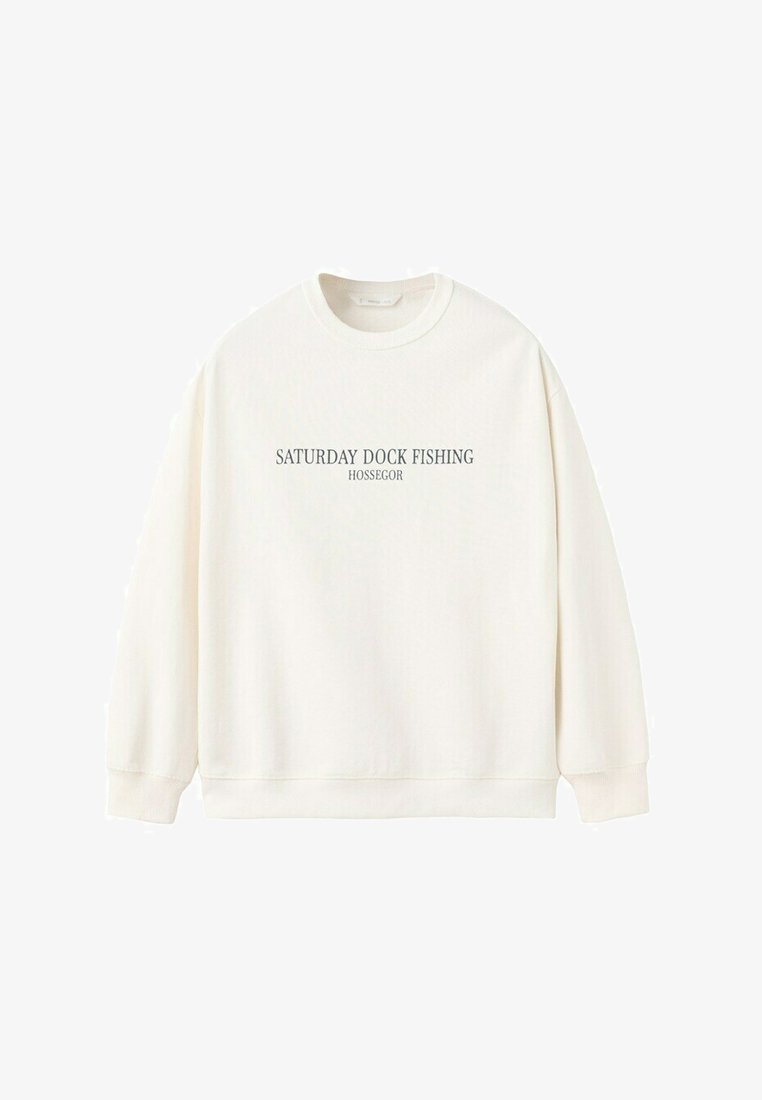 Biela mikina s okrúhlym výstrihom, s rebrovanými manžetami a pásom, s potlačeným textom "SATURDAY DOCK FISHING HOSSEGOR" umiestneným v strede na prednej strane.