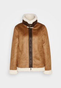 Brown shearling jacket with a zip front, cream faux fur collar and cuffs, and side pockets. Smooth texture with contrasting materials.