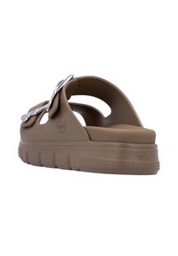 Brown molded slide sandals with a textured sole, two adjustable straps, and metallic hardware accents on each strap. Smooth finish.