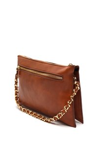 Brown leather clutch with a metallic gold chain strap, featuring a front zip pocket and smooth texture. Rectangular shape with a structured design.