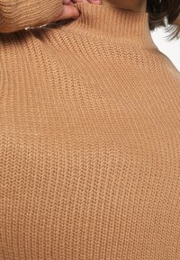 Pletený rolák v jemně béžové barvě s texturovaným vzorem a přiléhavým střihem. Detailní záběr na žebrovaný límec a strukturu látky.