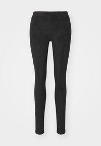 Leggings en suédine noire avec une taille haute, dotés d'une texture lisse et d'une coupe ajustée, conçus pour le confort et la flexibilité.