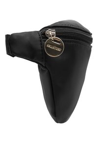 Svart nylonpåse med en böjd form, dragkedjestängning och en rund metallhake. Slät yta med förstärkta sömmar.