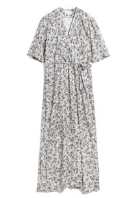 Robe enveloppante beige à manches courtes, imprimé floral bleu, décolleté en V et détail de nœud latéral, présentée à plat sur fond blanc.