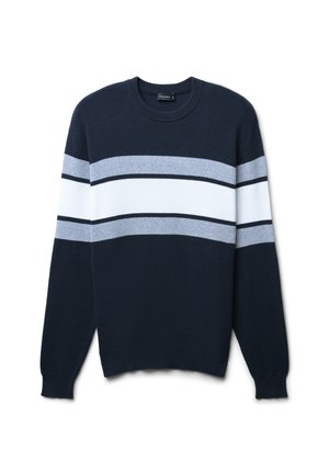 Marineblauer Pullover aus gestricktem Stoff, mit horizontalen Streifen in Hellgrau und Weiß. Klassischer Rundhalsausschnitt und gerippte Bündchen.