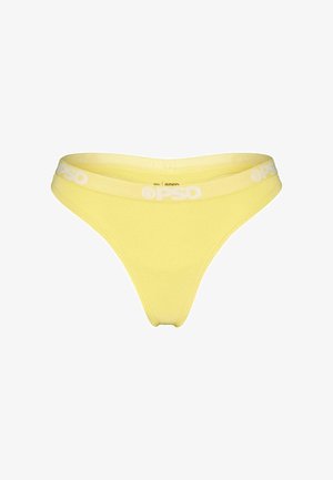 Gule trusser i thongs stil lavet af blødt bomuld, med en hvid logo-elastik i taljen, med en glat tekstur og et minimalistisk design.