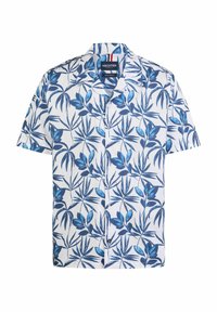 Korte mouw shirt met een blauw-wit tropisch bladerenpatroon, gemaakt van lichtgewicht stof, met een klassieke kraag en knoopsluiting.
