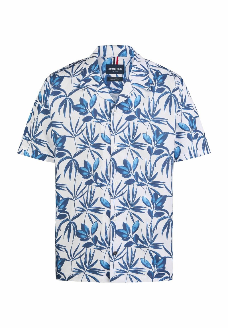 Korte mouw shirt met een blauw-wit tropisch bladerenpatroon, gemaakt van lichtgewicht stof, met een klassieke kraag en knoopsluiting.